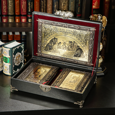 Set of Bible books and a prayer book in a case with a plaque (In ukrainian)
