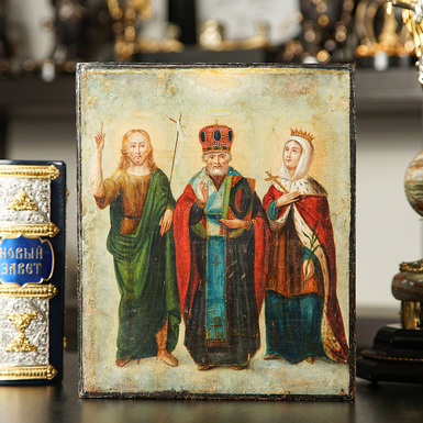 Старинная икона Святого Николая с предстоящими Иоанном и Екатериной середины 19 века, Слобожанщина