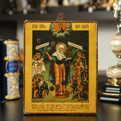Antique icon of Joy of All Who Sorrow of the late 19th century, central regions of Orthodox Kievan Rus