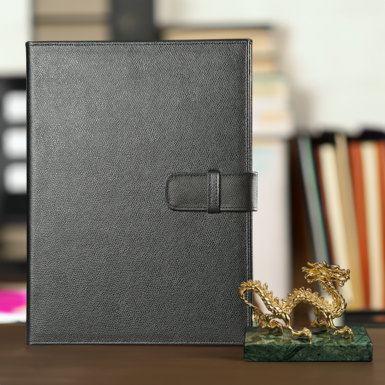 Set of Renzo Romagnoli Handmade Leather "Deal" Notebook and Chinese Dragon Gilt Brass Figurine