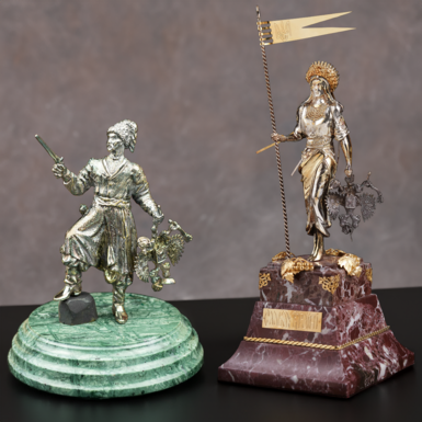 Комплект із статуетки на мармуровій підставці "Козак Визволитель" та статуетки «Мужня Україна» з латуні «Pandora», мармуру, з позолотою та срібленням
