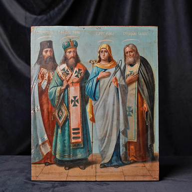 Icon of the early 20th century “The Council of Selected Saints – Tikhon of Zadonsk, Theodosius of Chernigov, Holy Martyr Mary and Seraphim of Sarov”, Central Dnieper region (without restoration)