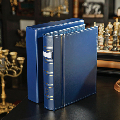 Album for coins or banknotes "Denarios" with case and window and gold embossing, blue