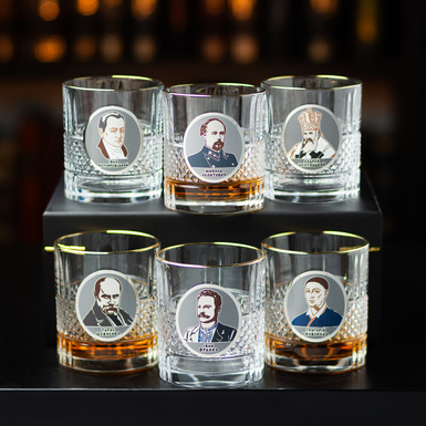 Set of 6 crystal whiskey glasses with with silvering and enamels "Outstanding Ukrainians" (Franko, Shevchenko, Sheptytsky, Leontovych, Kotlyarevsky, Skovoroda) from BIANCANEVE