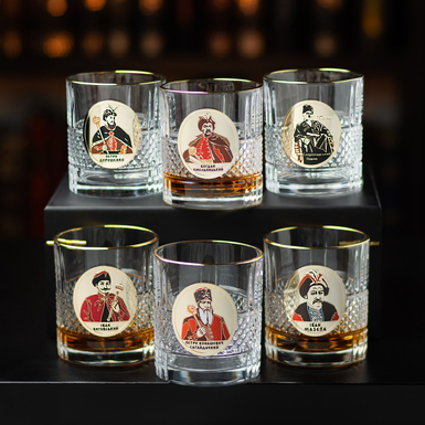 Whiskey set of 6 glasses with gold plated and enamels "Hetmans of Ukraine" (Vygovsky, Doroshenko, Mazepa, Skoropadsky, Khmelnytsky, Konashevich-Sagaidachny) from BIANCANEVE