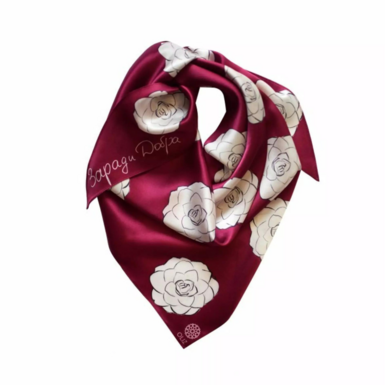 Silk scarf with camellias "For Goodness" red by OLIZ