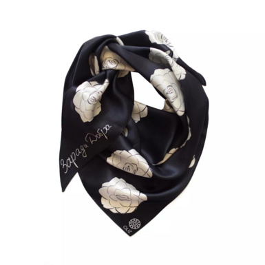 Silk scarf with camellias "For Goodness" black by OLIZ