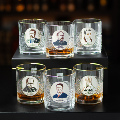 Set for whiskey "Ukrainian figures" (Shevchenko, Skovoroda, Sheptytskyi, Kotlyarevskyi, Leontovych, Franko) with silvering and enamels (6 glasses) from BIANCANEVE (non-ferrous)