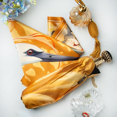 Gift set - silk scarf "Stork - Revival of Hope" by FAMA (limited collection, 65x65 cm) and women's umbrella "Golden flower" by Pasotti