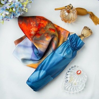 Gift set - women's umbrella "Blue dahlia" by Pasotti and a silk scarf based on the painting by Claude Monet "The Path to Happiness" by FAMA (no frame, limited edition, 65x65 cm)