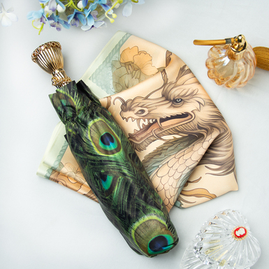 Подарунковий комплект - жіноча парасолька "Peacock" від Pasotti та шовкова хустка "Зелений Дерев'яний Дракон" від FAMA (лімітована колекція, 65х65 см)