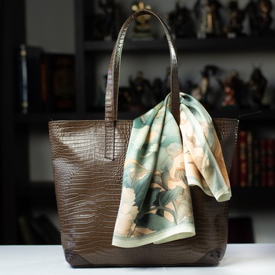 Подарунковий комплект - шкіряна сумка-шопер "Brownie" та шовкова хустка "Зелений Дерев'яний Дракон" від FAMA (лімітована колекція, 65х65 см)