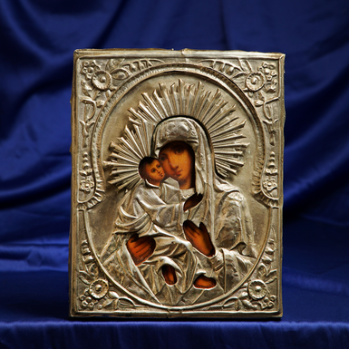 Antique icon of the Vladimir Mother of God in a silver-plated brass frame from the second half of the 19th century