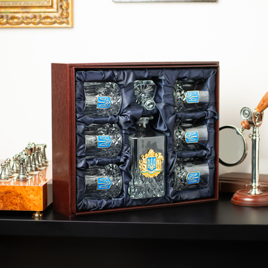 Gold-plated and silver-plated crystal whiskey gift set "Golden trident" (decanter, 6 glasses)