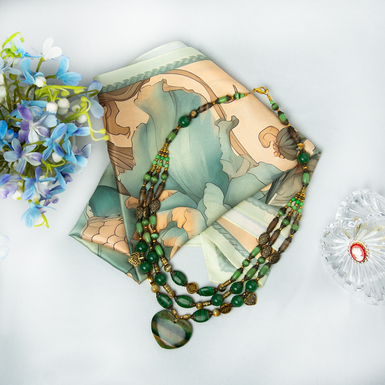 Gift set - necklace "Forest Song" 3-row with cat's eye and malachite and silk scarf "Green Wooden Dragon" by FAMA (limited collection, 65x65 cm)