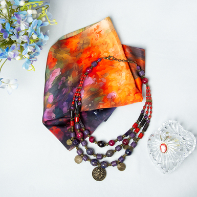 Gift set - three-layer agate necklace, ceramics, coral and labradorite "Violetize" and a silk scarf based on the painting by Claude Monet "The Path to Happiness" by FAMA (no frame, limited edition, 65x65 cm)