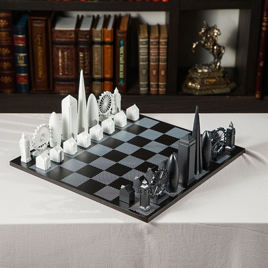 Акриловые шахматы "Здания Лондона" на деревянной доске от Skyline Chess (38 х 38 см)