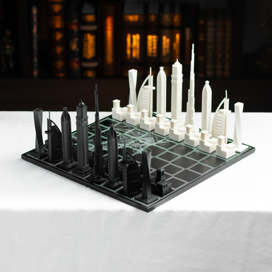 Акрилові шахи "Хмарочоси Дубаї" з дерев'яною дошкою "Карта міста" від Skyline Chess (38 х 38 см)