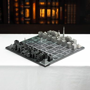 Металеві шахи "Будівлі Парижу" з дерев'яною дошкою "Карта міста" від Skyline Chess (38 х 38 см)