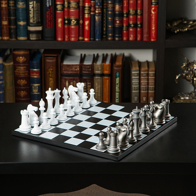 Металеві шахмати «Стаунтон White and Silver» на дерев'яній дошці від Skyline Chess (38 x 38 см)