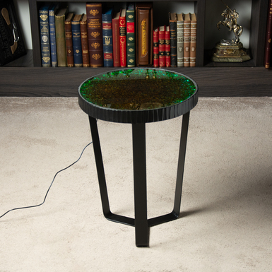 "Charmie" handmade coffee table made of metal and colored glass with lighting
