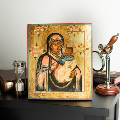 Antique icon of the Tikhvin Mother of God from the early 20th century, southern region of Ukraine