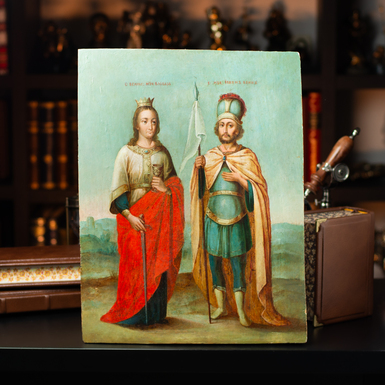 Antique Ukrainian folk icon of Saints Barbara and John the Warrior from the last quarter of the 19th century, Cherkasy region