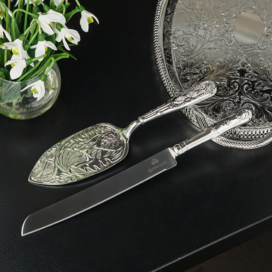 Silver plated cake set (2 items: knife and spatula) "Celebration" by Queen Anne, UK