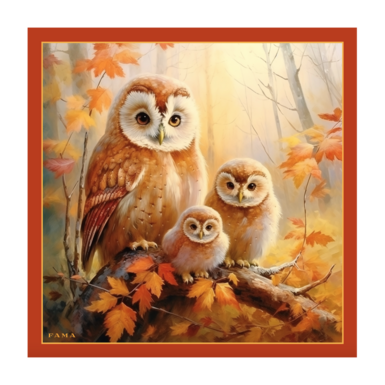 Shawl made of natural silk "Autumn owls" by FAMA (limited collection, 65х65 см)