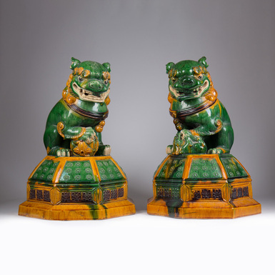 Set of antique ceramic figurines "Chinese dogs", China, mid-20th century