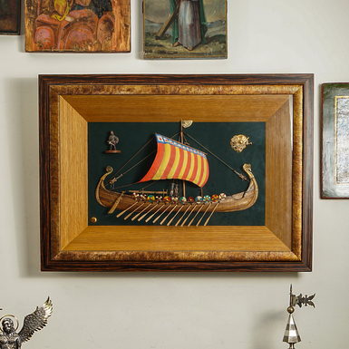 Декоративный деревянный корабль викингов в раме "Драккар" (50х70 см)