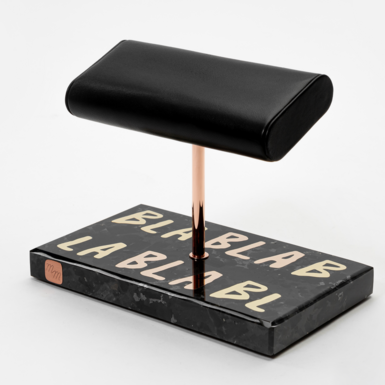 "Blablack" watch stand for two labradorite, Italian leather, copper and brass by Michel Maloch