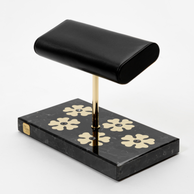 Clover watch stand for two in labradorite, Italian leather, brass and Swarovski stones by Michel Maloch