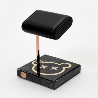 "Blackeb" clock stand in labradorite, Italian leather, copper and brass by Michel Maloch