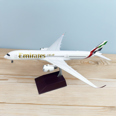 Scale model of the Airbus A350-900 Emirates aircraft made of metal on a stand