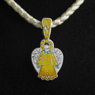 950 Sterling Silver Enamel 0.018 Carat Diamond Angel Pendant by Lobortas