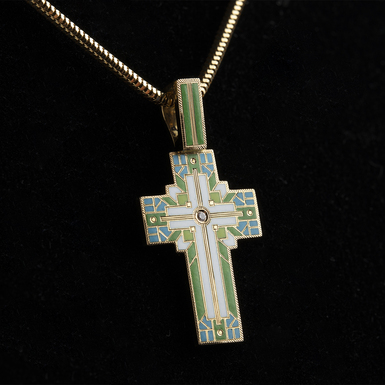 Body cross "Palm Sunday" in gold 750, enamel with diamond 0.01 carat by Lobortas