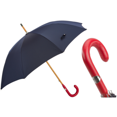 Blue umbrella with red leather handle by Pasotti