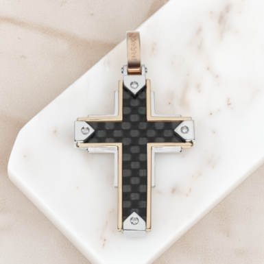 Gold cross with carbon and white diamonds "Risplendente" by Baraka