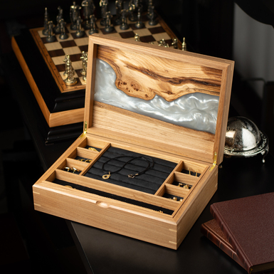 "Paradise" wood and epoxy jewelry and watch storage box by Kochut