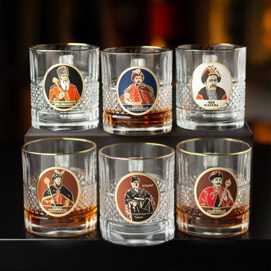 Whiskey set "Hetmans of Ukraine" (Doroshenko, Vyhovsky, Konashevich-Sagaidachny, Mazepa, Khmelnytskyi, Skoropadskyi) made of eco-crystal, 925 silver and enamel (6 glasses) from BIANCANEVE