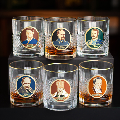 Whiskey set "Outstanding Ukrainians" (Skovoroda, Leontovych, Franko, Sheptytskyi, Kotlyarevskyi) made of eco-crystal, 925 silver and enamel (6 glasses) from BIANCANEVE