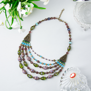 "Spring" 5-row necklace made of "cat's eye", natural pearls, glass, crystal