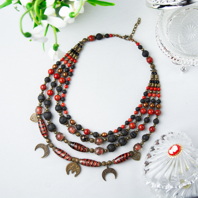 "Red and Black" 4-row necklace made of volcanic lava and coral