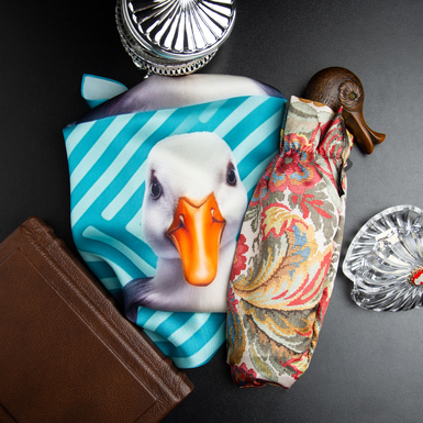 A gift set of a colored folding umbrella with a duck handle by Pasotti and a scarf made of natural silk "Swags" by FAMA (limited collection, 65x65 cm)