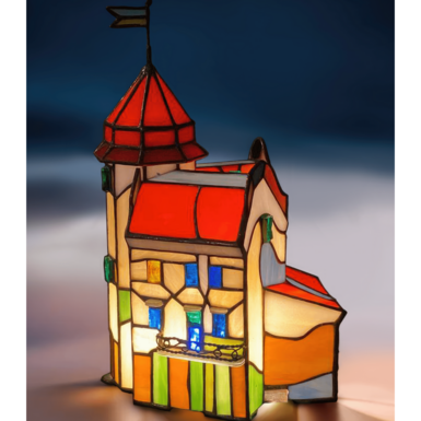 A lamp with a stained-glass house "Bashta Maly" from the Lamp Studio of the architect Pavlovsky