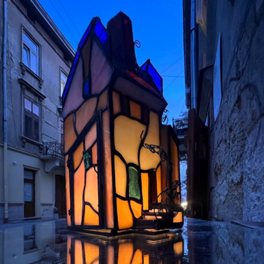 Lamp with stained glass "House in the center of Lviv" from the Lamp Studio of the architect Pavlovsky