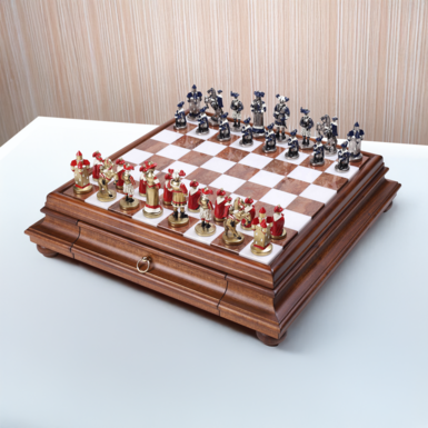 Chess set in varnished wood and marble with figures "Landsknecht" by Italfama