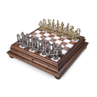 Wood and marble chessboard with "Samurai" pieces by Italfama