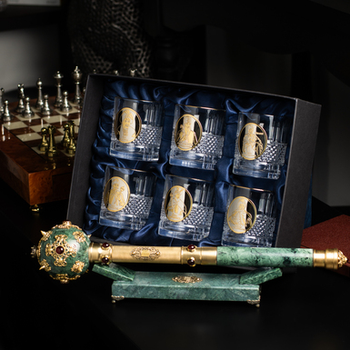 A marble mace (with stiletto) in a case and a whiskey set "Hetmans of Ukraine" (Vyhovskyi, Doroshenko, Mazepa, Skoropadskyi, Khmelnytskyi, Konashevich-Sagaidachnyi) with gold and silver plating (6 glasses) from BIANCANEVE